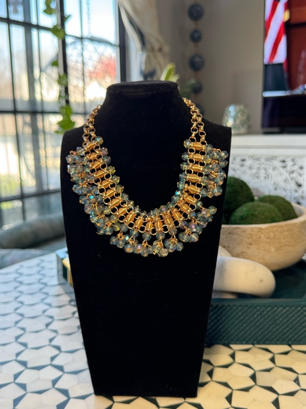 Gold Chain Necklace with Iridescent Blue-Green Crystal Drops - Picture 2 of 4